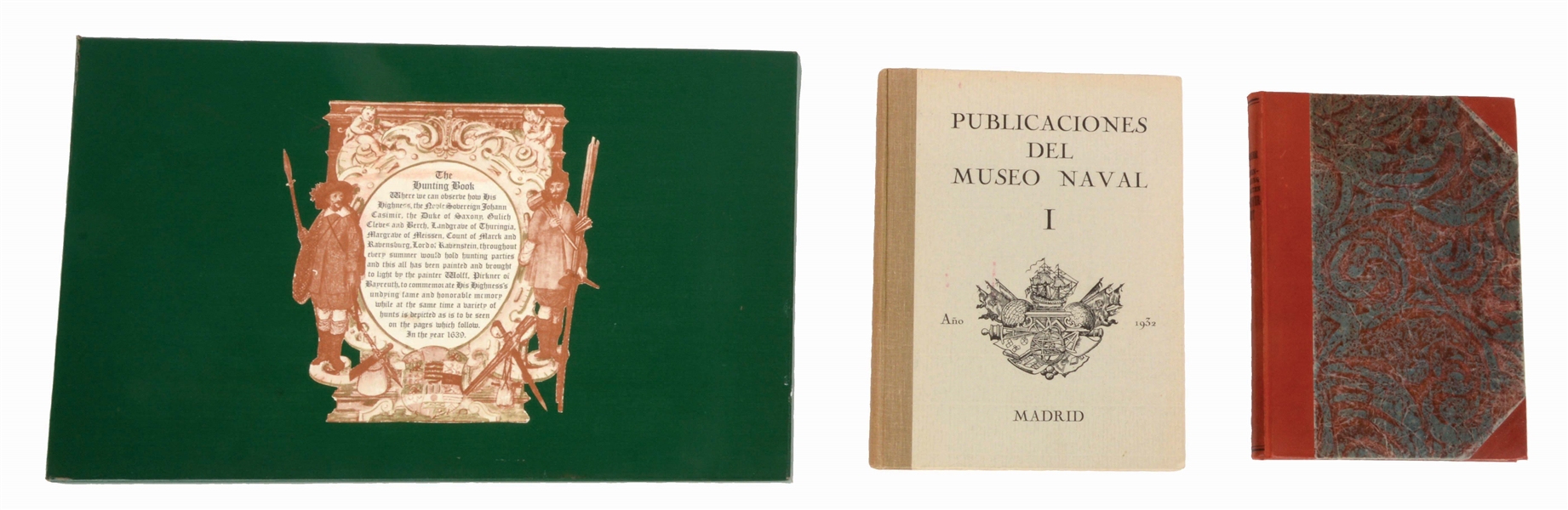 LOT OF 3: THREE REFERENCE BOOKS INCLUDING "THE HUNTING BOOK" BY LINDER, DIE WAFFENSAMMLUNG DES FURSTEN SALM-REFFERSCHEIDT ZU SCHLOSS DYCK BY EHRENTHAL, AND PUBLICATION DEL MUSEO NAVAL FROM MADRID.