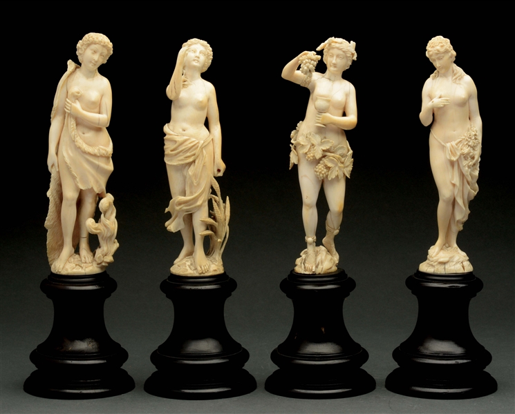 SET OF 4: CARVED EUROPEAN IVORY, SUMMER, SPRING, FALL AND WINTER FIGURES WITH WOOD BASES.