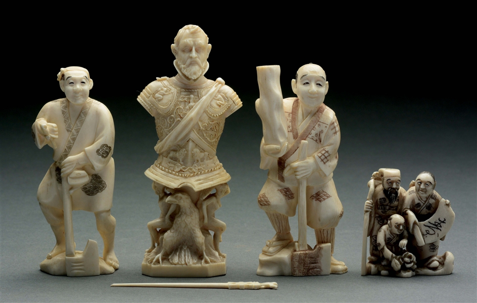 LOT OF 4: THREE JAPANESE IVORY PIECES AND ONE MILITARY PIECE.