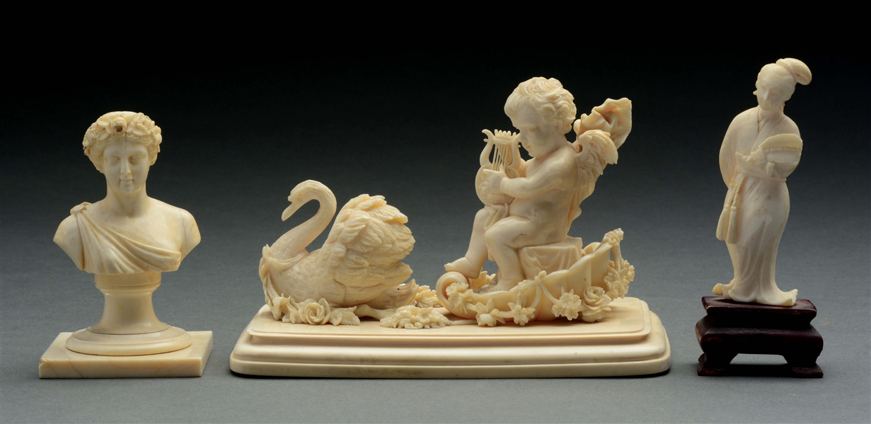 LOT OF 3: IVORY FIGURES OF ANGEL WITH SWAN, JAPANESE WOMAN, WOMAN.