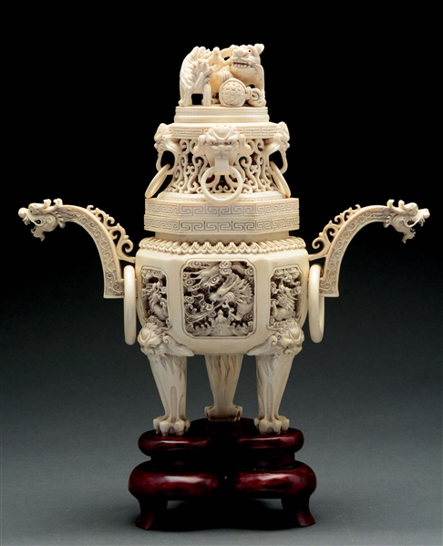 TWO-PIECE LIDDED JAPANESE CARVED IVORY URN.