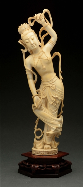 CARVED IVORY EUROPEAN WOMAN WITH RIBBONS.