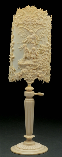 CARVED EUROPEAN IVORY CURVED SHIELD WITH TWIST OUT IVORY BASE.