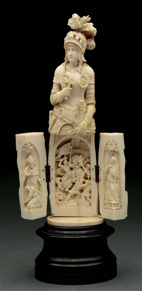 CARVED IVORY SOLDIER WITH BATTLE SCENE.