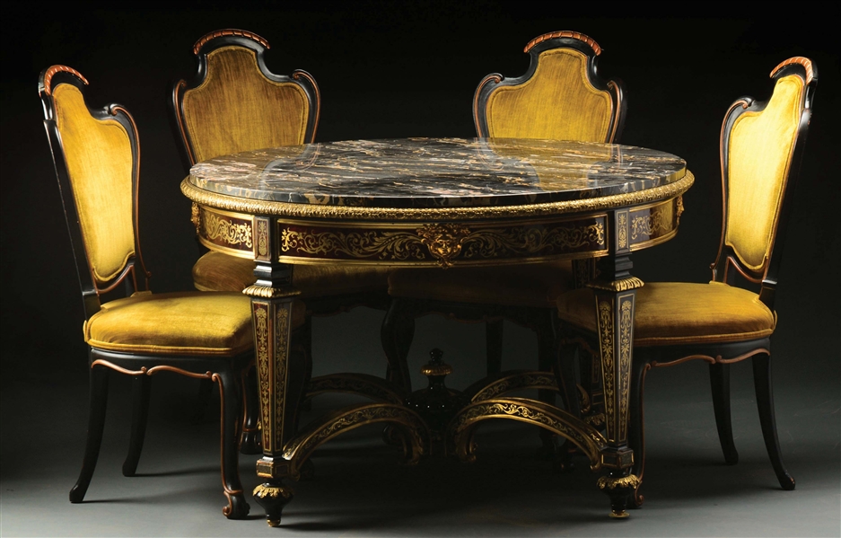 IMPRESSIVE BOULLE MARBLE TOP CENTER TABLE TOGETHER WITH 4 FLEMISH BAROQUE-STYLE SIDE CHAIRS.