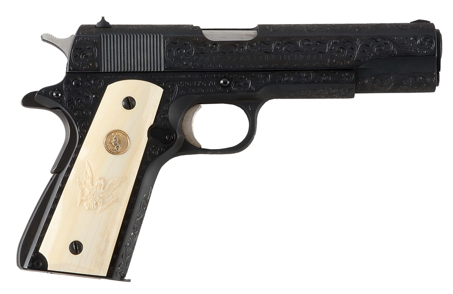 (M) CASED AND FACTORY ENGRAVED COLT MODEL 1911A1 SERIES 70 SEMI-AUTOMATIC PISTOL (1977).