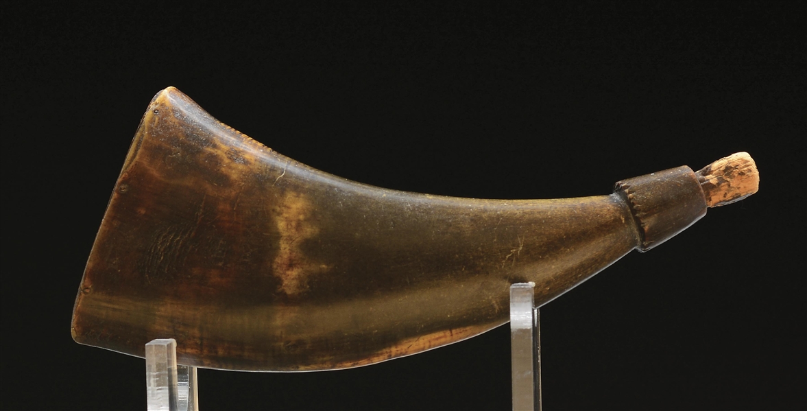 SMALL POWDER HORN WITH BUTT INSCRIBED WITH INITIALS AND DATE, 1767.