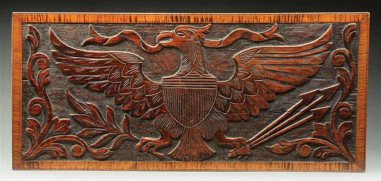 CARVED FEDERAL AMERICAN EAGLE PLAQUE WITH TIGER MAPLE FRAME. 