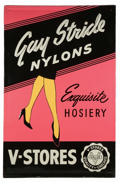 LARGE GAY STRIDE NYLONS EMBOSSED TIN ADVERTISING SIGN.