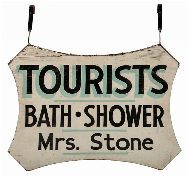 DOUBLE-SIDED WOODEN TOURISTS ADVERTISING TRADE SIGN.