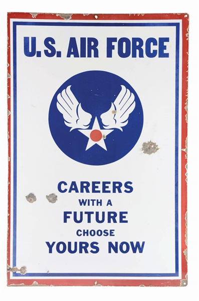 DOUBLE SIDED PORCELAIN & STEEL U.S. ARMY & AIR FORCE RECRUITING SIGN.