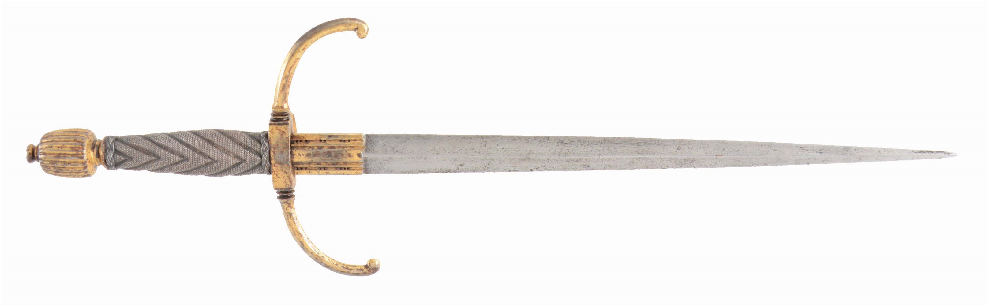 A GOOD LEFT HAND OR QUILLON DAGGER, LAST QUARTER OF THE 16TH CENTURY WITH STOUT BLADE AND GILDED POMMEL AND GUARD.