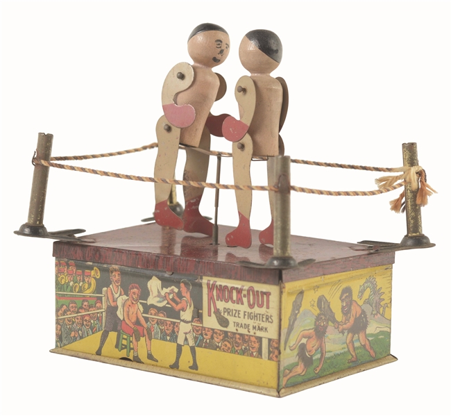 STRAUSS TIN-LITHO KNOCK OUT WIND UP TOY. 