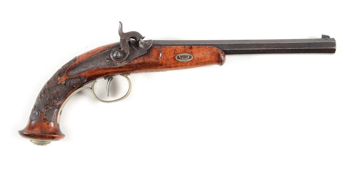 (A) A GOOD CONTINENTAL GERMAN SILVER MOUNTED PERCUSSION TARGET PISTOL WITH ATTRACTIVE TIGER STRIPE WALNUT HALF STOCK CIRCA 1850.