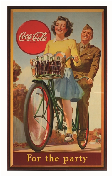 1945 LARGE VERTICAL COKE POSTER WITH SERVICEMAN AND GIRL.