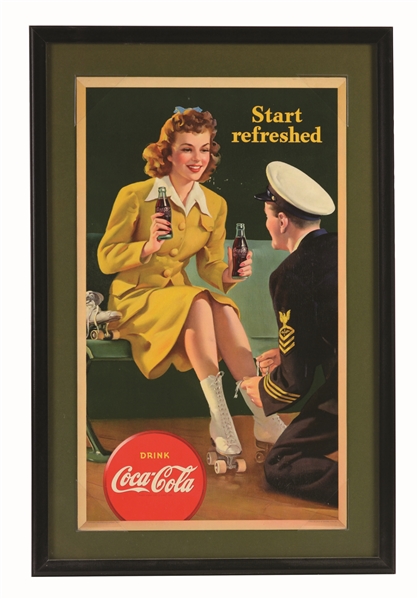 1943 SMALL VERTICAL COKE POSTER WITH SERVICEMAN SHOWN.