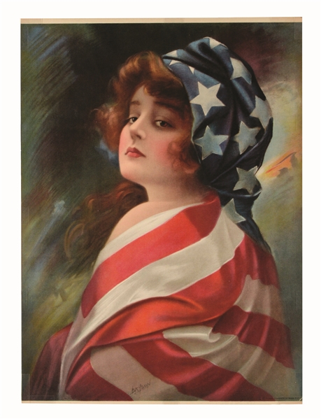 BRYSON ARTWORK OF YOUNG GIRL DRAPED IN AMERICAN FLAG.