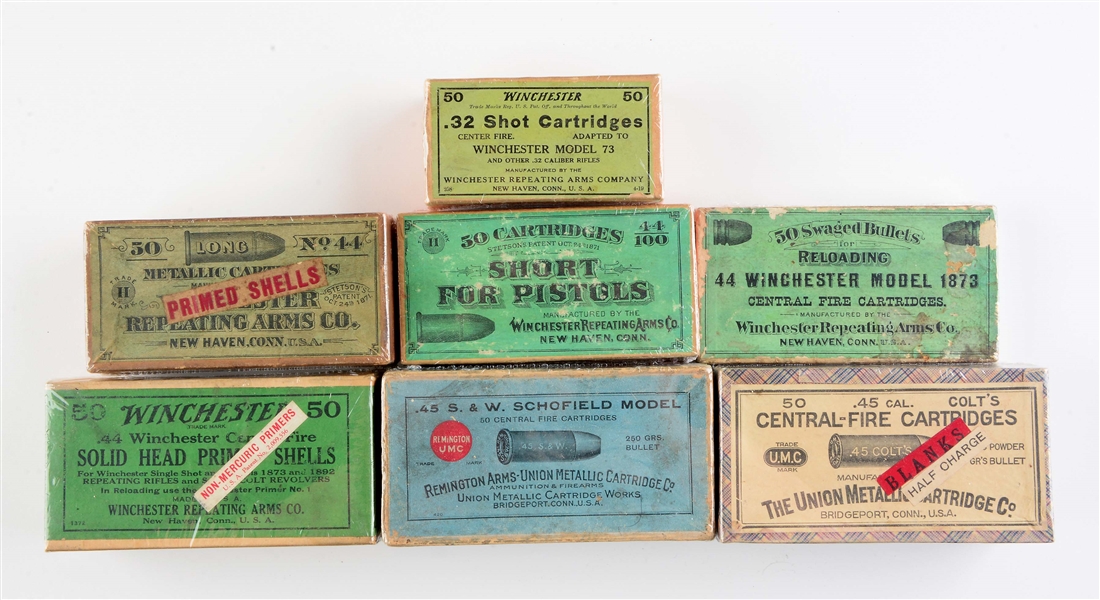 LOT OF 7: BOXES OF VARIOUS WINCHESTER AND REMINGTON AMMUNITION.