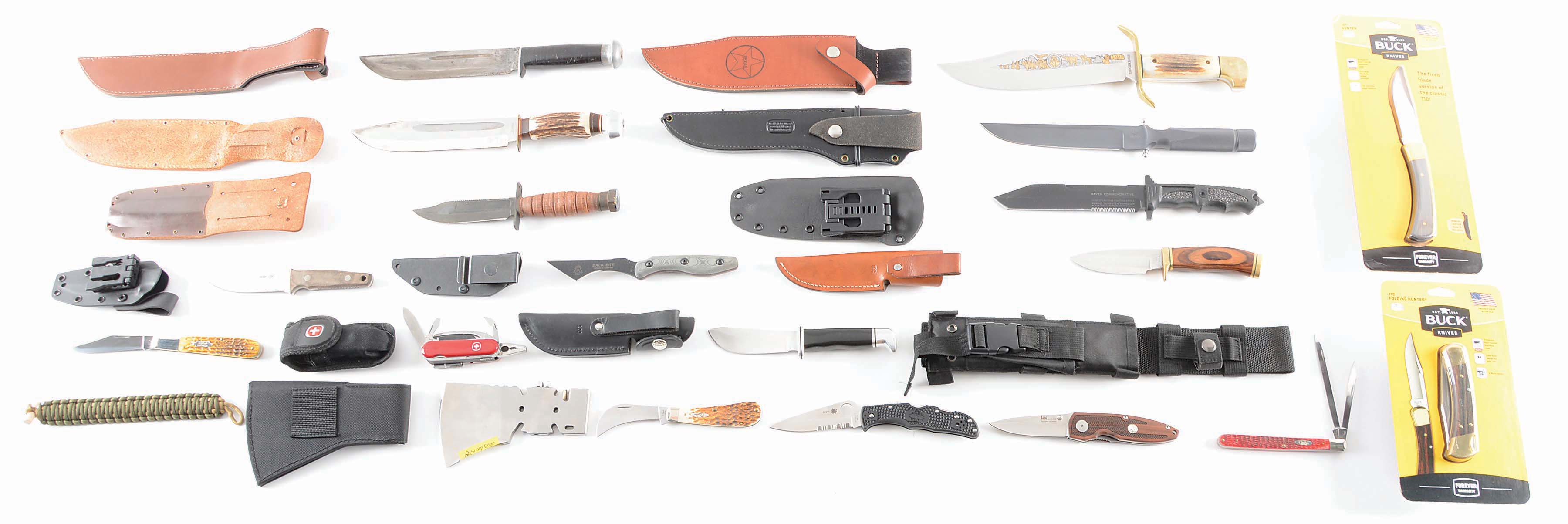 Lot of 19: 7 Folding Knives, 11 Fixed Blade Knives, and 1 Axe.