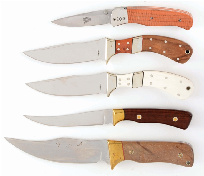 LOT OF 5: MIKE THOUROT MIXED CUSTOM KNIVES.