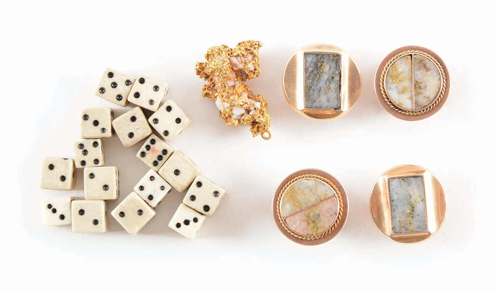 LOT OF TWO PAIR OF GOLD QUARTZ CUFFLINKS, GOLD NUGGET, AND GAMBLING DICE.