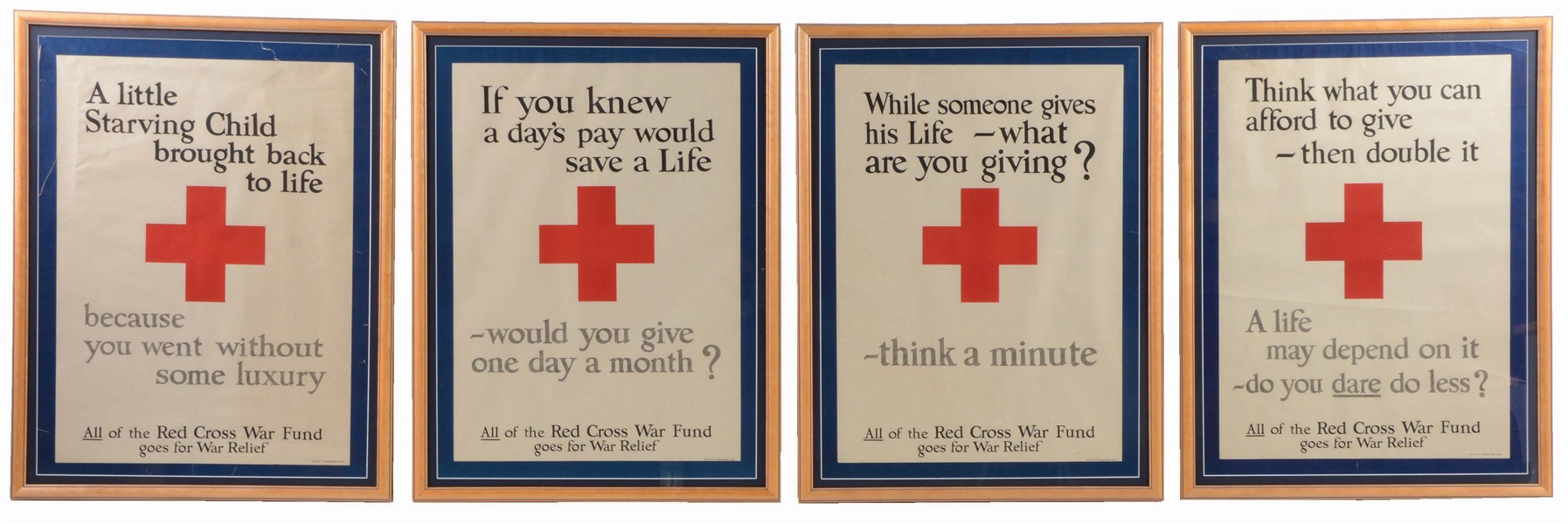 LOT OF 4: COMPLETE PROFESSIONALLY FRAMED WORLD WAR I SET OF FOUR RED CROSS POSTERS.