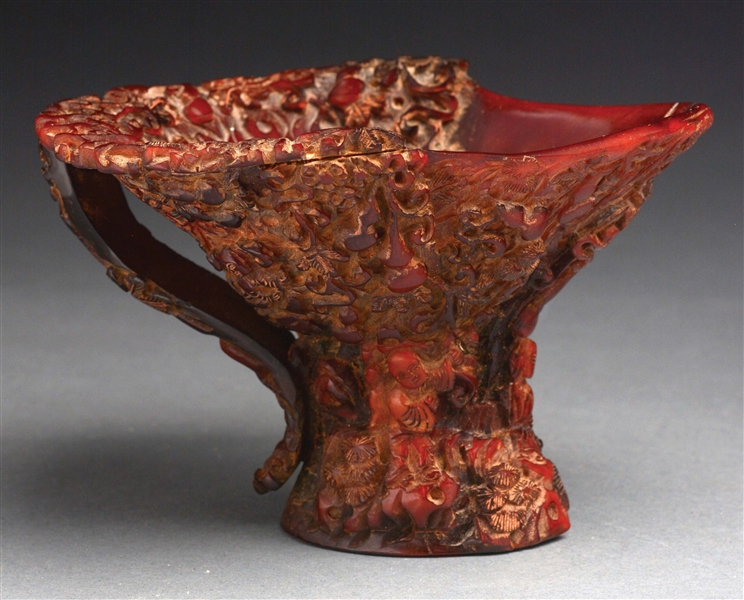 CHINESE CARVED HORN LIBATION CUP.