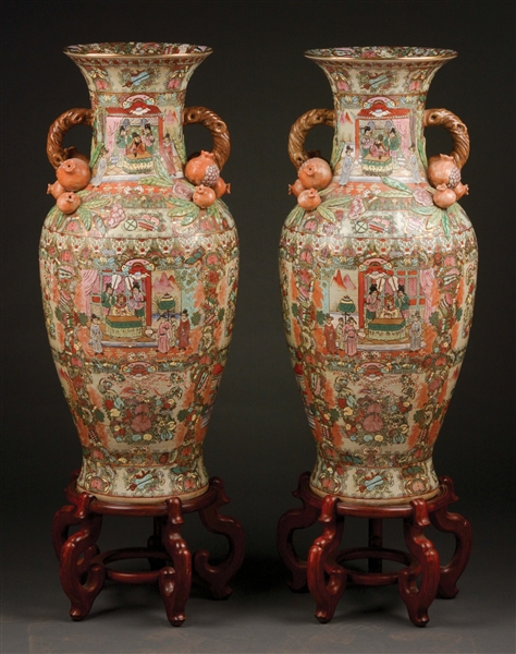 LOT OF 2: PAIR OF LARGE FAMILLE ROSE CHINESE PORCELAIN URNS.