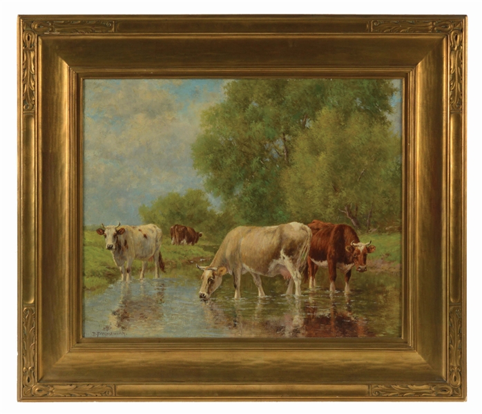 DANIEL F. WENTWORTH (AMERICAN, 1850-1934) COWS AT WATERING HOLE. 