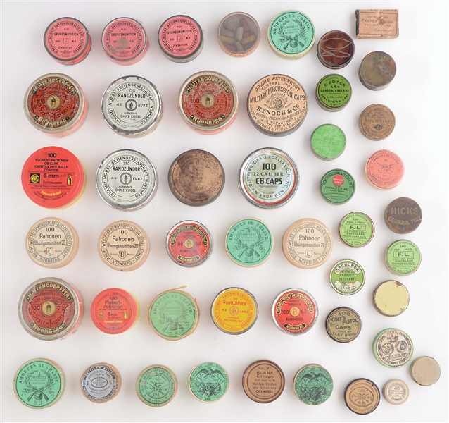 LOT OF 47: TINS OF PERCUSSION CAPS AND AMMUNITION.