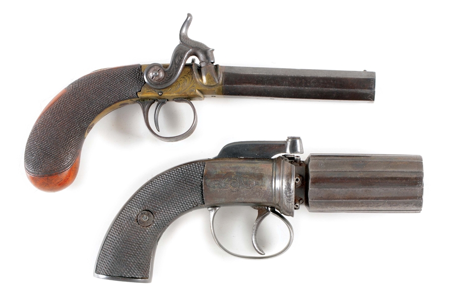 (A) LOT OF 2: COLLECTORS LOT CONSISTING OF AN UNMARKED SIX SHOT ENGLISH PEPPERBOX AND A BRASS FRAME SIDEHAMMER PERCUSSION POCKET PISTOL SIGNED EGG, LONDON.