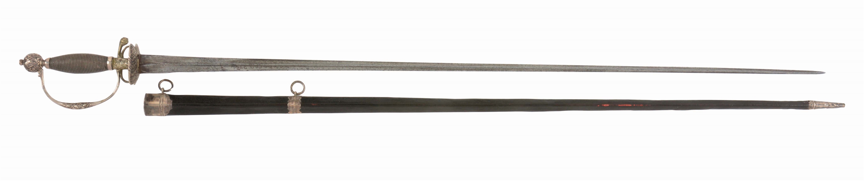 FINELY CHASED SILVER-HILTED EUROPEAN SMALL SWORD WITH SCABBARD.