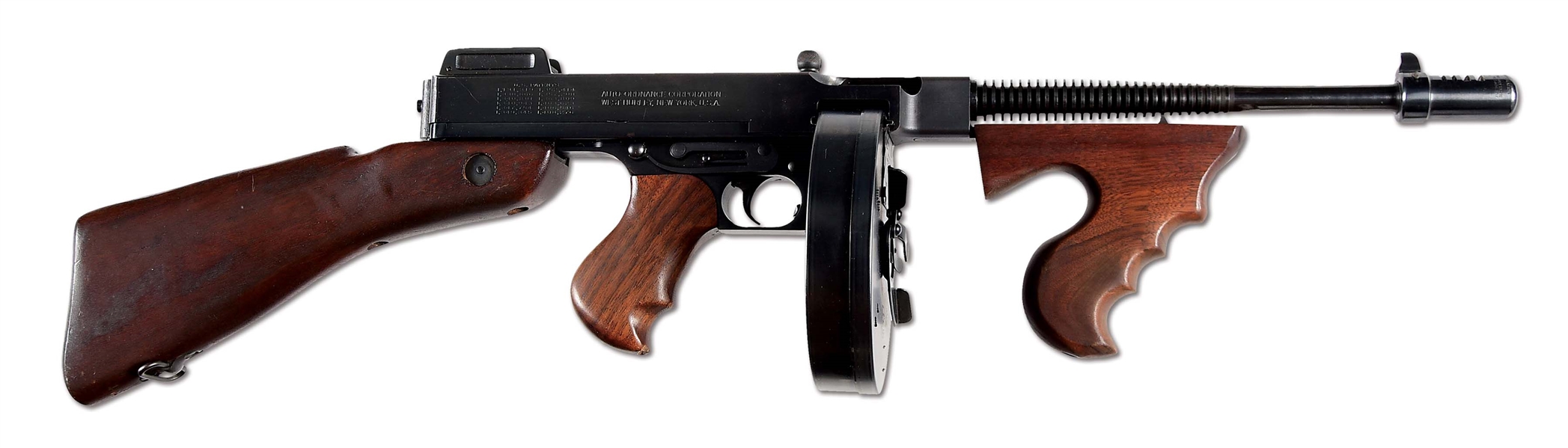 (N) ATTRACTIVE AND WELL ACCESSORIZED AUTO ORDNANCE WEST HURLEY THOMPSON MODEL 1928 MACHINE GUN (CURIO AND RELIC).
