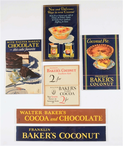 LOT OF 6: WALTER BAKER COCOA AND CHOCOLATE SIGNS.