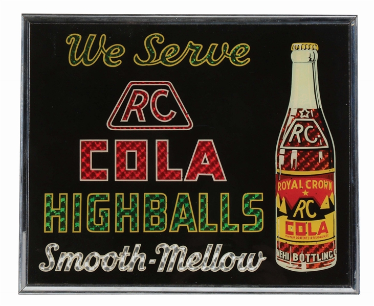 RC COLA HIGHBALLS REVERSE GLASS ADVERTISING SIGN.