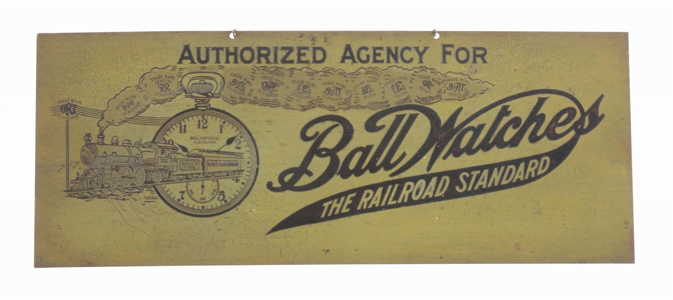 EARLY BALL WATCHES ETCHED BRASS ADVERTISING SIGN.