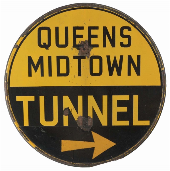 PORCELAIN QUEENS MIDTOWN TUNNEL DIRECTIONAL SIGN. 