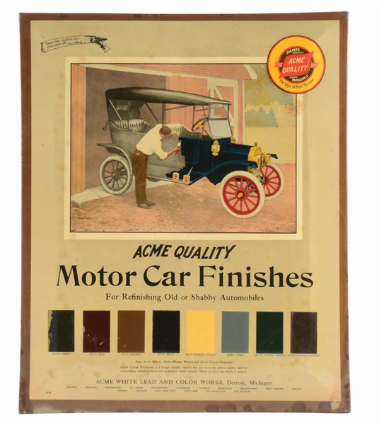 ACME MOTOR CAR FINISHES CELLULOID OVER TIN ADVERTISING SIGN.
