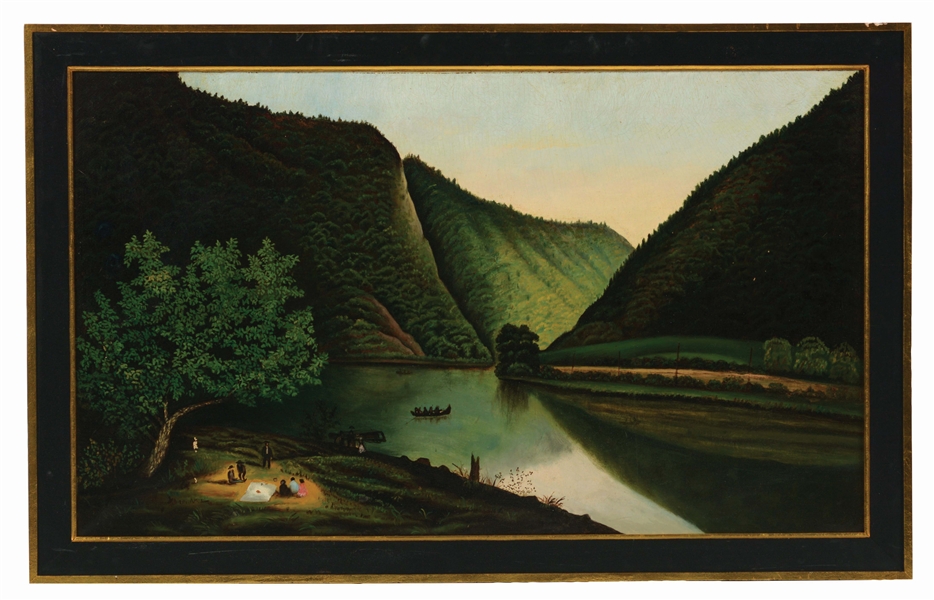 AMERICAN SCHOOL (LATE 19TH CENTURY) FOLK ART LANDSCAPE OF PICNICERS BY A RIVER. 