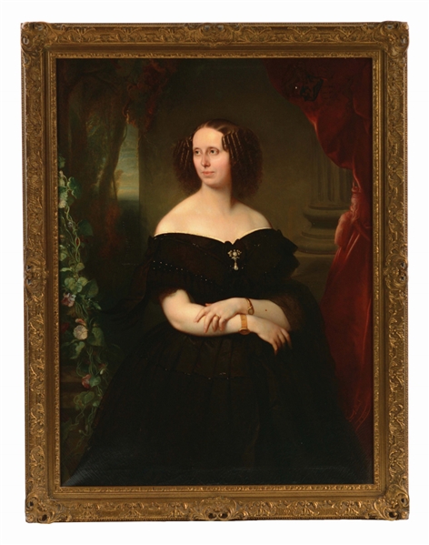 AMERICAN SCHOOL (19TH CENTURY) PORTRAIT OF A WOMAN IN BLACK GOWN WITH JEWELRY.