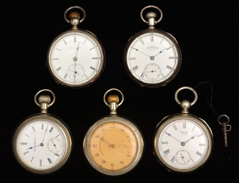 LOT OF 5: AMERICAN SILVER-TONE POCKET WATCHES.
