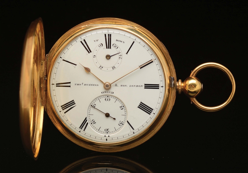18K GOLD RUSSELL & SON, LONDON H/C POCKET WATCH.