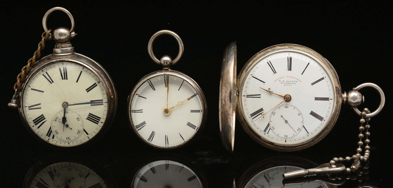 LOT OF 3: ENGLISH STERLING SILVER FUSEE POCKET WATCHES.