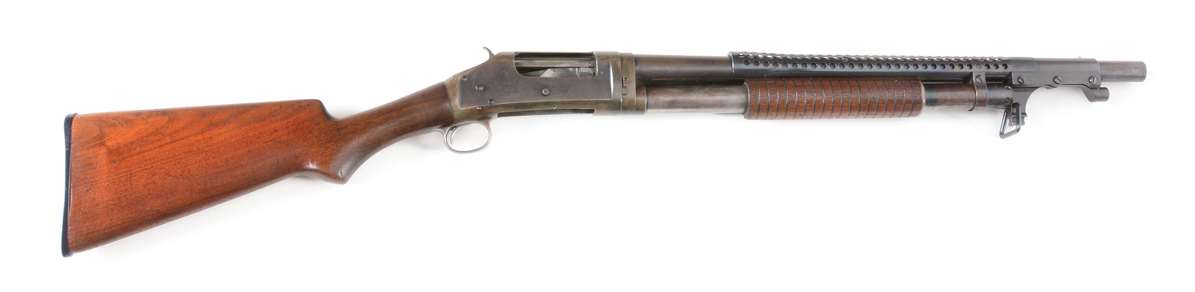 (C) WINCHESTER MODEL 1897 PUMP ACTION SHOTGUN, TRENCH GUN CONFIGURATION, MADE IN 1910.