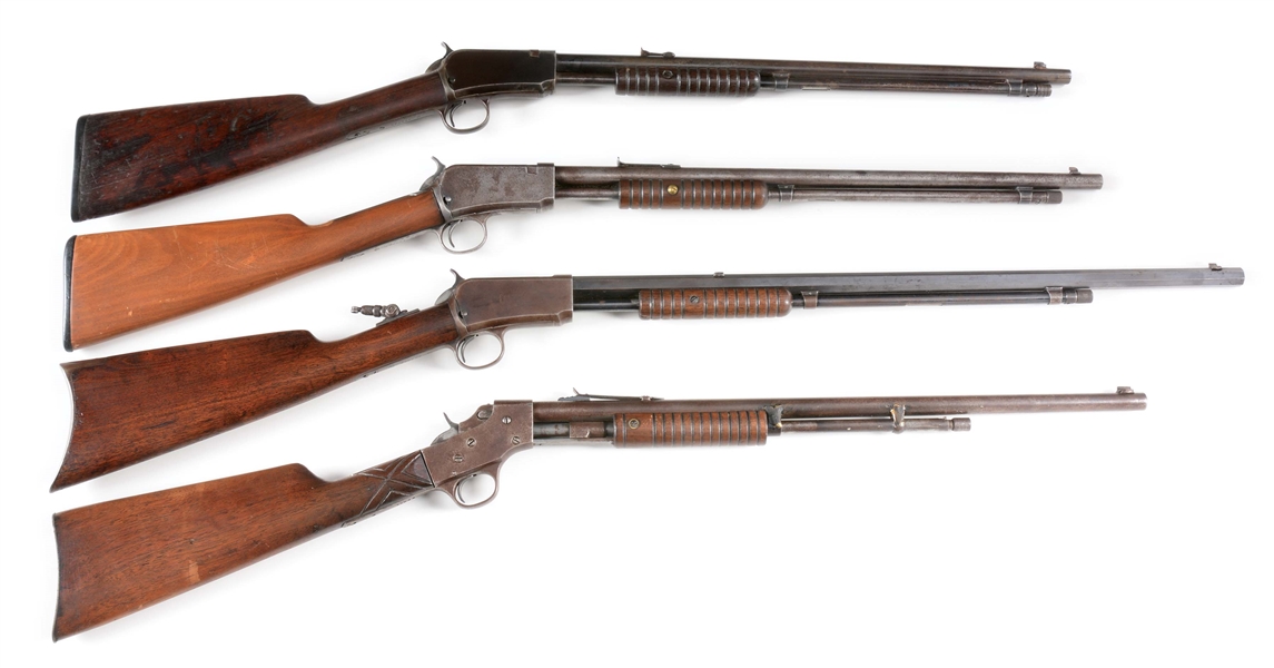 (C) LOT OF FOUR: FOUR PRE-WAR SLIDE ACTION .22 RIFLES, THREE WINCHESTERS AND ONE STEVENS.