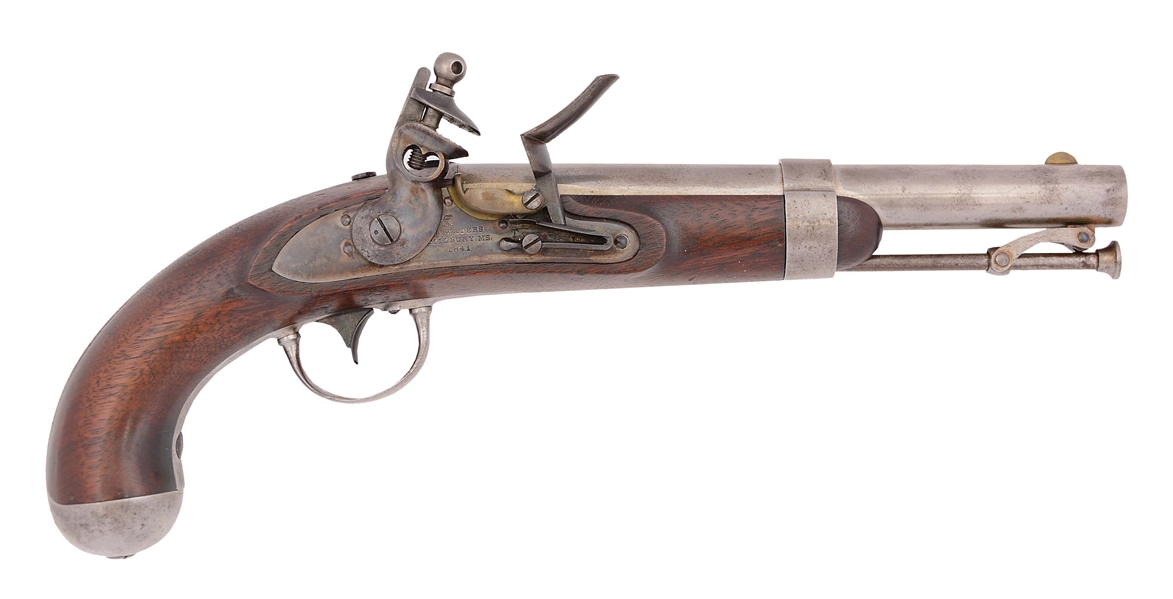(A) A FINE US 1836 FLINTLOCK SINGLE SHOT MARTIAL PISTOL BY A. WATERS, MILBURY MASS LOCK DATED 1841.