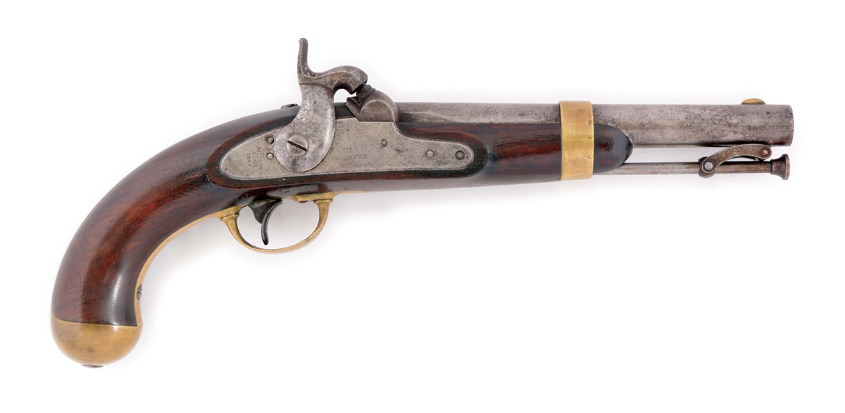 (A) GOOD US MARTIAL MODEL 1842 PERCUSSION SINGLE SHOT PISTOL BY IRA N. JOHNSON, DATED 1853.