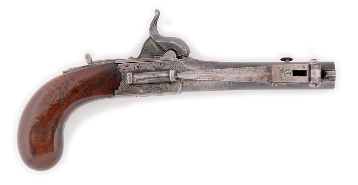 (A) AN UNUSUAL PERCUSSION BOXLOCK ENGLISH PISTOL WITH SIDE SNAP BAYONET RETAILED BY TRYON, PHILADELPHIA. PISTOL BY R.H. WITH BRITISH PROOFS, CIRCA 1840.