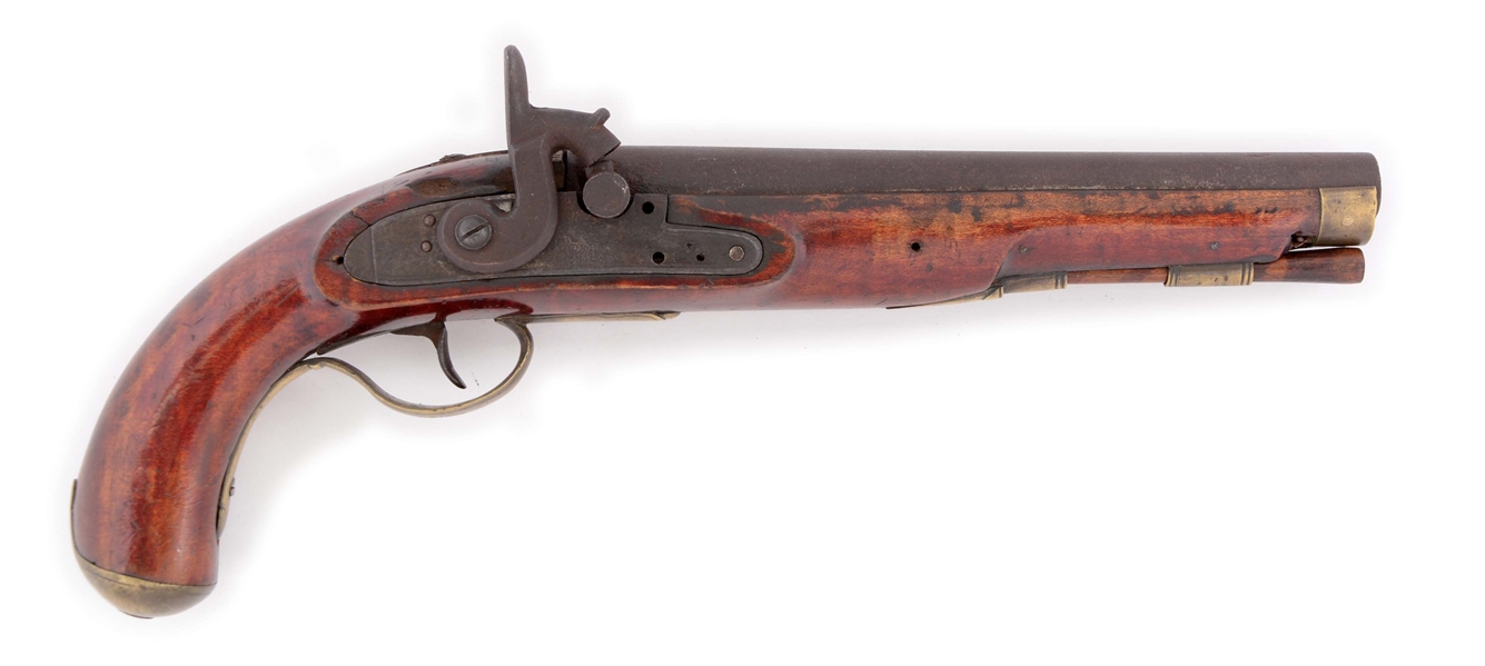 (A) A PHILADELPHIA SINGLE SHOT PERCUSSION KENTUCKY STYLE PISTOL BY TRYON WITH ENGLISH BARREL AND BOLSTER TYPE CONVERSION FROM FLINTLOCK.