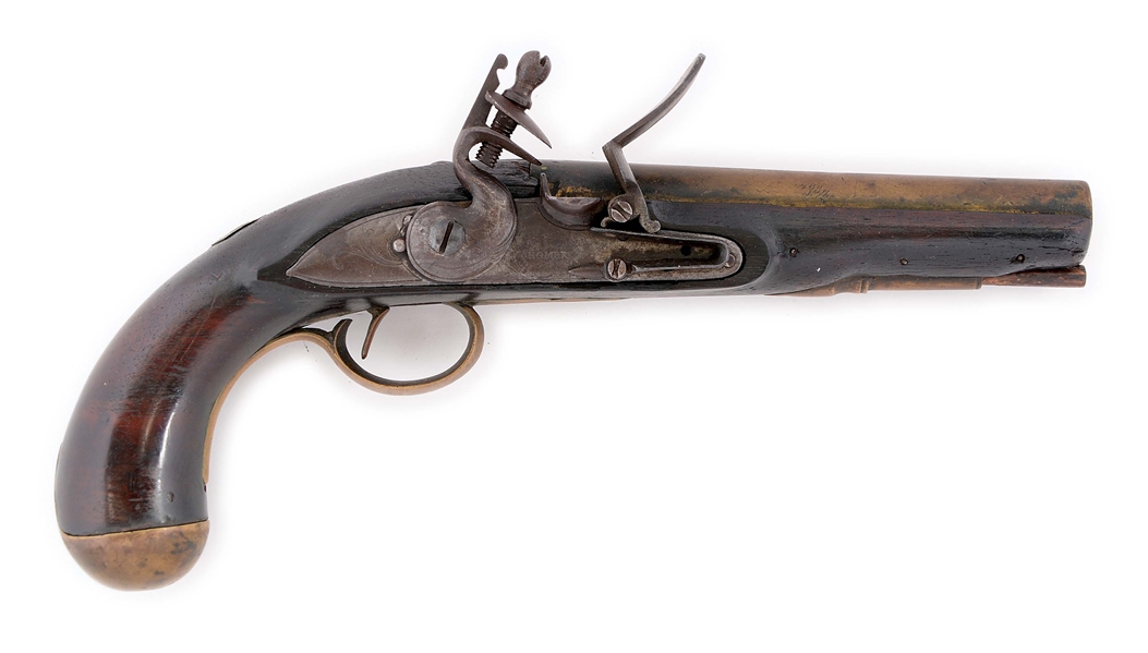 (A) A BRASS BARRELED SINGLE SHOT FLINTLOCK PISTOL, POSSIBLY AMERICAN, WITH LOCK SIGNED B.HOMER, CIRCA 1780.